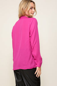 Magenta Long Sleeve Button Down V-Neck Front Tie Blouse