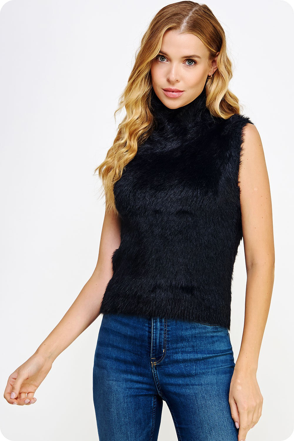Black Mock Neck Faux Fur Sleeveless Sweater Top – Aquarius Brand