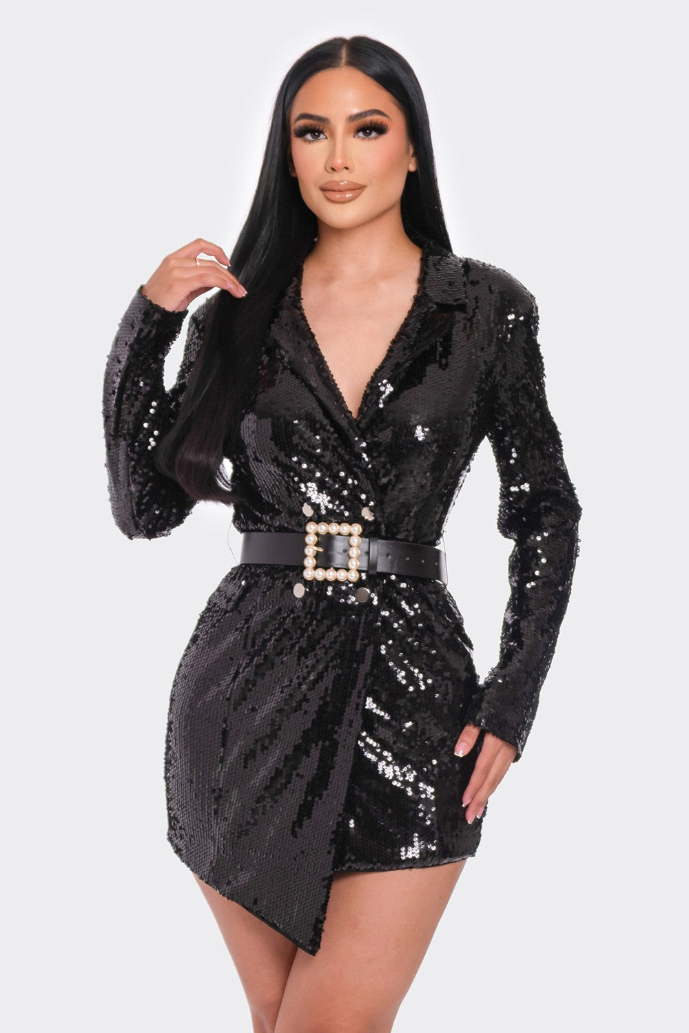 Black Pearl Belted Sequin Blazer Mini Dress