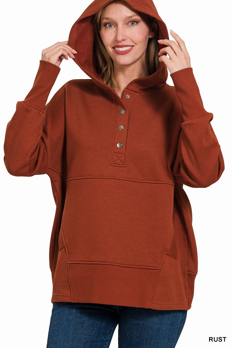 Rust Half Button Fleece Hooded Pullover