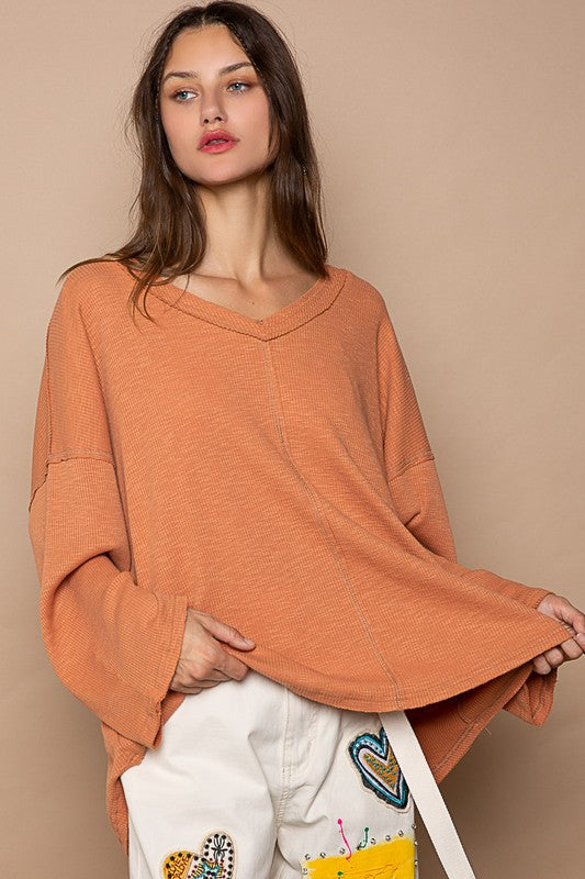 Burnt Topaz Oversize V-Neck Long Sleeve Solid Basic Top