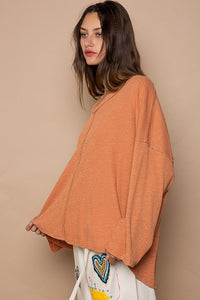 Burnt Topaz Oversize V-Neck Long Sleeve Solid Basic Top