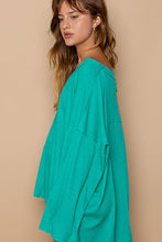 Teal Green Oversize V-Neck Long Sleeve Solid Basic Top