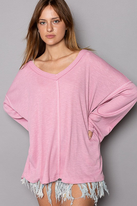 Soft Pink Oversize V-Neck Long Sleeve Solid Basic Top