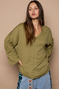 Olive Oversize V-Neck Long Sleeve Solid Basic Top