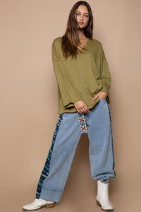 Olive Oversize V-Neck Long Sleeve Solid Basic Top