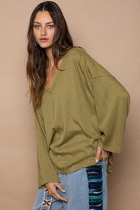 Olive Oversize V-Neck Long Sleeve Solid Basic Top