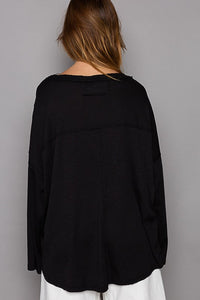 Black Oversize V-Neck Long Sleeve Solid Basic Top