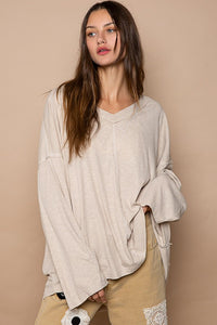 Toasted Almond Oversize V-Neck Long Sleeve Solid Basic Top