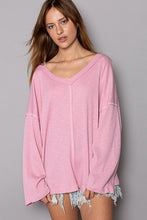 Soft Pink Oversize V-Neck Long Sleeve Solid Basic Top