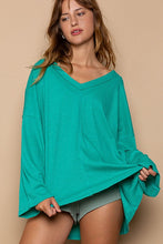 Teal Green Oversize V-Neck Long Sleeve Solid Basic Top