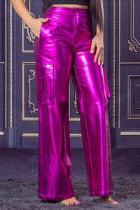 Fuchsia Metallic Faux-Leather Flap Side Pocket Cargo Pants