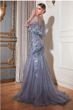 Smoky Blue Beaded Mermaid Gown With Removable Cape