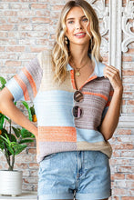 Blue Multi Multicolor Collared Neck Short Sleeve Sweater