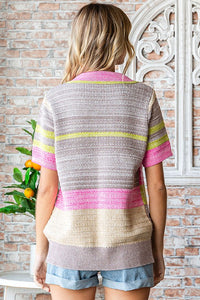 Pink Multi Multicolor Collared Neck Short Sleeve Sweater