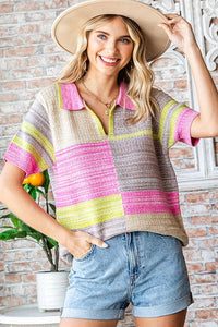 Pink Multi Multicolor Collared Neck Short Sleeve Sweater