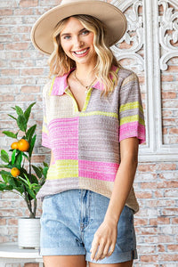 Pink Multi Multicolor Collared Neck Short Sleeve Sweater