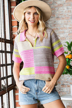 Pink Multi Multicolor Collared Neck Short Sleeve Sweater