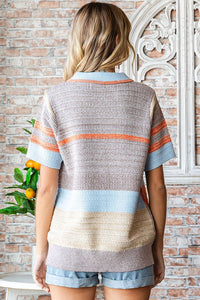 Blue Multi Multicolor Collared Neck Short Sleeve Sweater