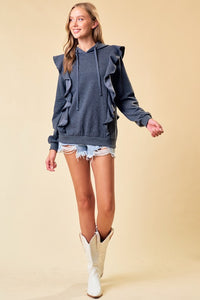 Charcoal Hoodie Ruffle Pull-Over