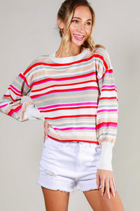 Red Multi Balloon Sleeve Multi Striped Sweater Top