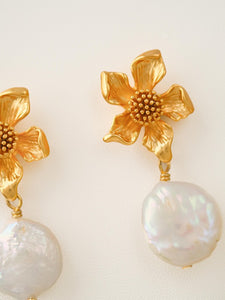 18K Gold-Plated Floral Earrings with Baroque Pearl