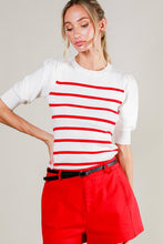 Cream/Red Short Puff Sleeve Striped Sweater Top