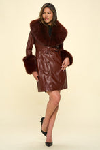 Coffee Faux Leather Coat Belted and Removable Faux Fur