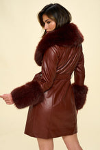 Coffee Faux Leather Coat Belted and Removable Faux Fur