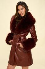 Coffee Faux Leather Coat Belted and Removable Faux Fur