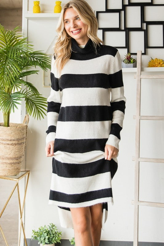 Black and white striped clearance turtleneck dress