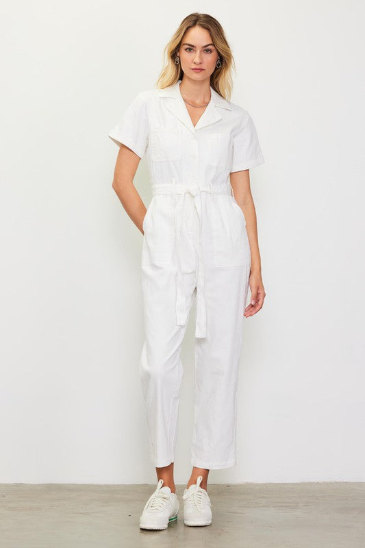 White Short Sleeve Washed Utility Jumpsuit