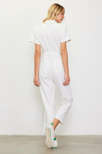 White Short Sleeve Washed Utility Jumpsuit