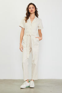 Natural Short Sleeve Washed Utility Jumpsuit