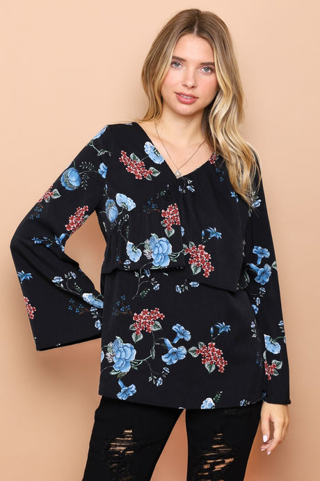 Black Floral Bell Sleeve V-Neck Tiered Top