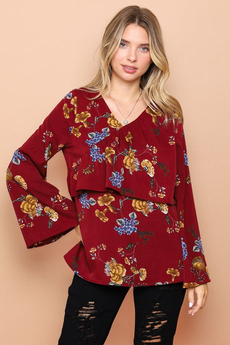 Burgundy Floral Bell Sleeve V-Neck Tiered Top