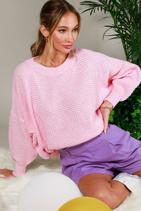 Pink Crew Neck Long Sleeve Textured Sweater Top