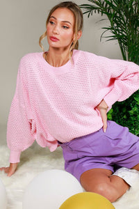 Pink Crew Neck Long Sleeve Textured Sweater Top