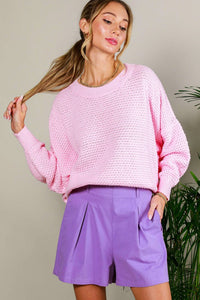 Pink Crew Neck Long Sleeve Textured Sweater Top