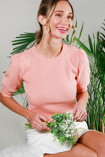 Peach Crew Neck Short Puff Sleeve Rib Knit Top