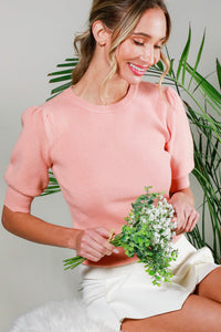 Peach Crew Neck Short Puff Sleeve Rib Knit Top