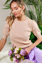 Taupe Crew Neck Short Puff Sleeve Rib Knit Top