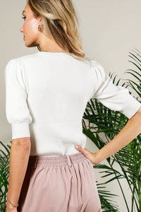 Cream Crew Neck Short Puff Sleeve Rib Knit Top