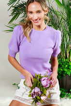 Lavender Crew Neck Short Puff Sleeve Rib Knit Top