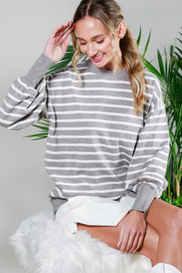 Grey Balloon Long Sleeve Striped Sweater Top