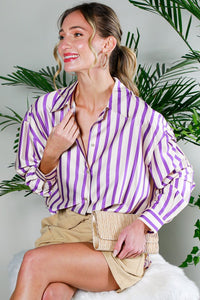 Lavender Long Sleeve Button Down Striped Satin Shirt