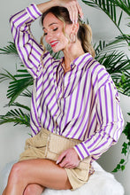 Lavender Long Sleeve Button Down Striped Satin Shirt