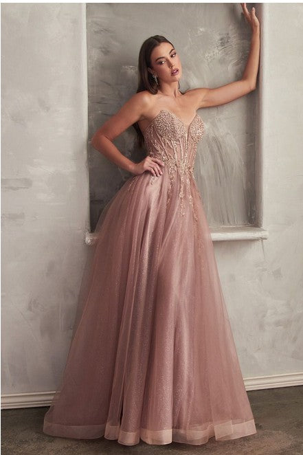 Mocha Gold Strapless Layered Tulle Ball Gown