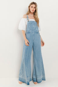 Light Denim Wide Leg Distressed Denim Overalls