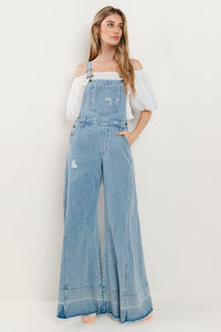 Light Denim Wide Leg Distressed Denim Overalls